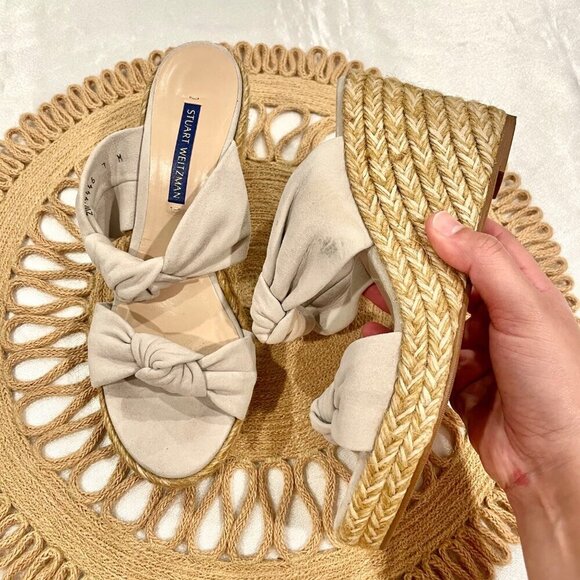 Stuart Weitzman Sarina Grey Suede Knotted Espadrille Wedge Sandals 7 Heeled - Picture 2 of 12